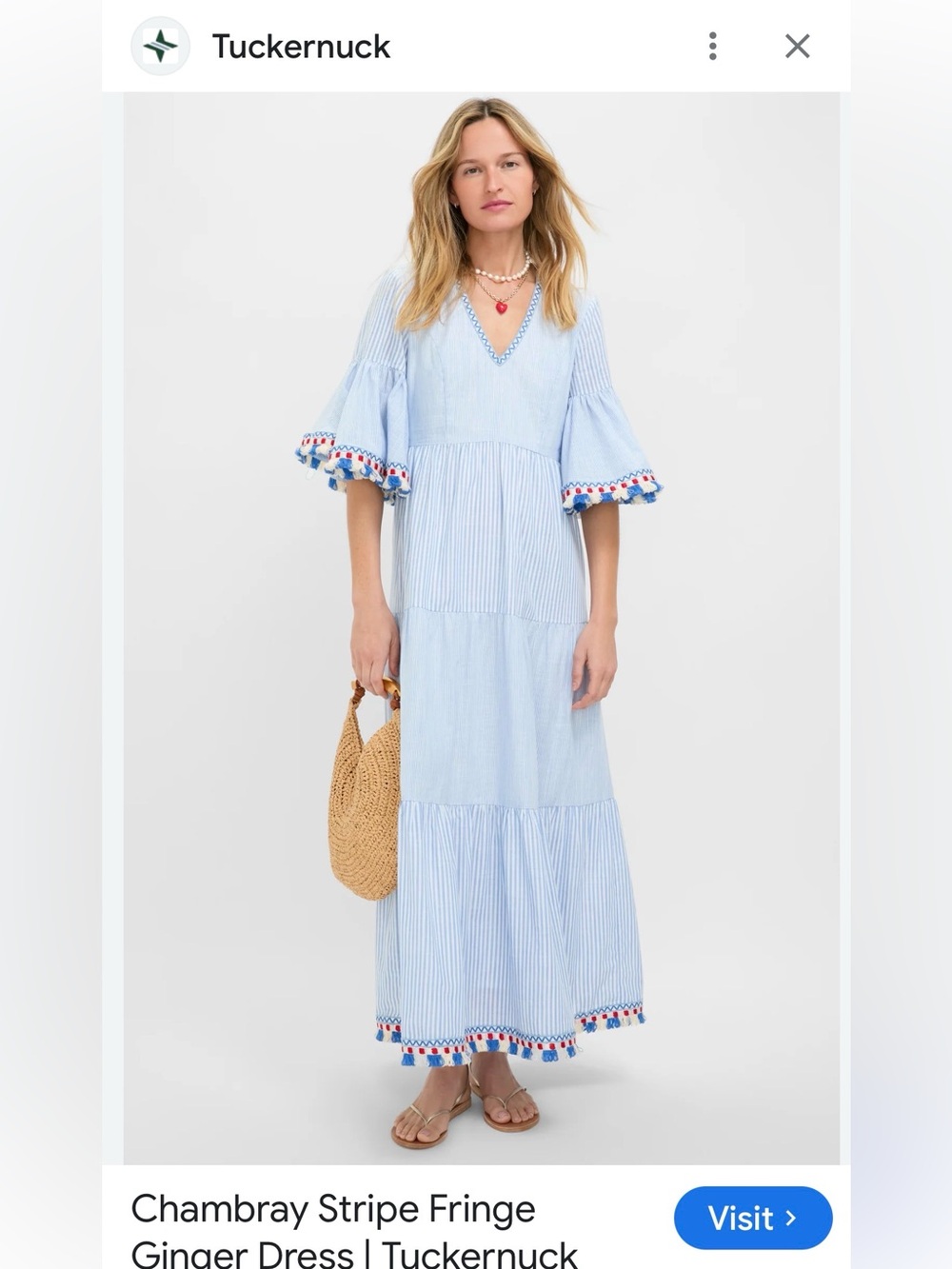 Tuckernuck Light Blue Chambray Maxi Dress with Pom Pom Trim